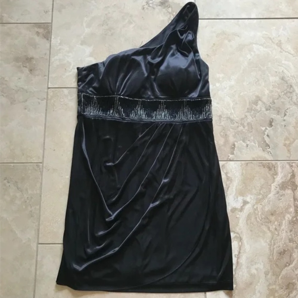 Love Tease Black One-Shoulder Beaded Ruched Cocktail Homecoming Dress Juniors 9 - Picture 8 of 11